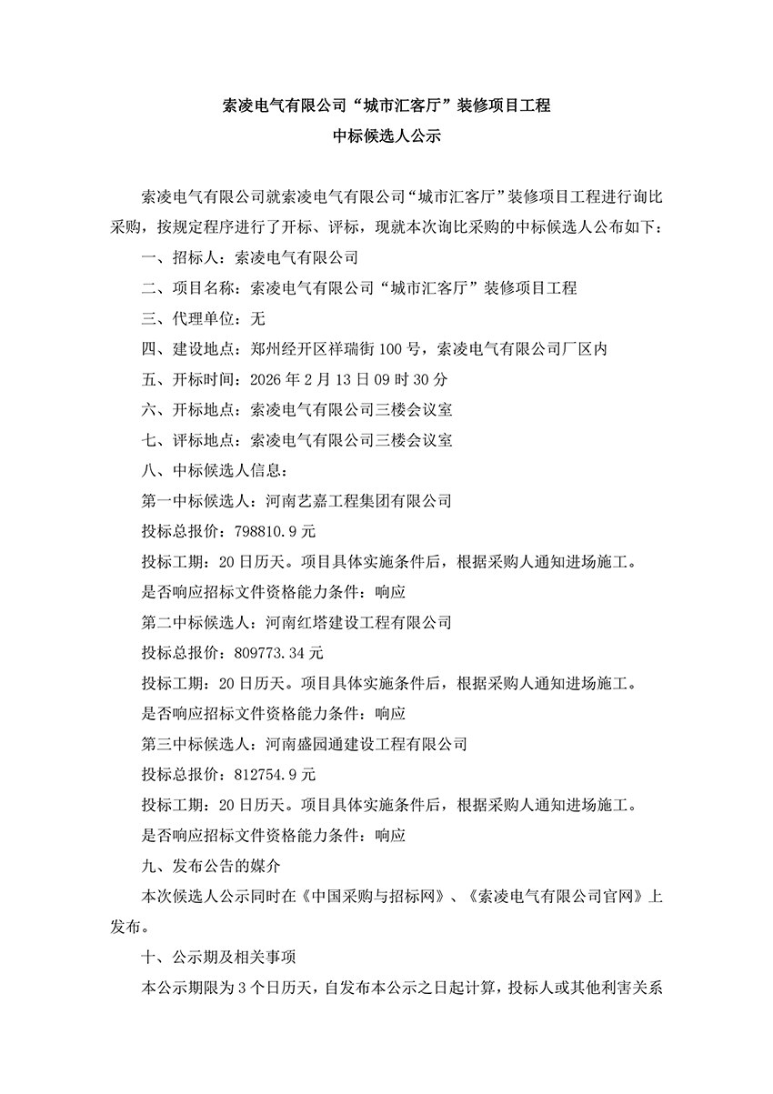 九体育（中国）官方网站“城市汇客厅”装修项目工程 中标候选人公示